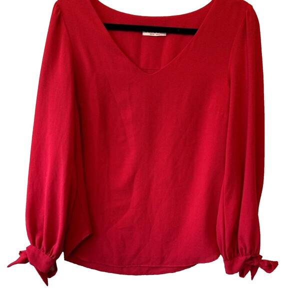 Estelle Blouse Womens L Casual  V-Neck Tie‎ Cuff Long Sleeve Round Hem Top Red - Picture 2 of 11